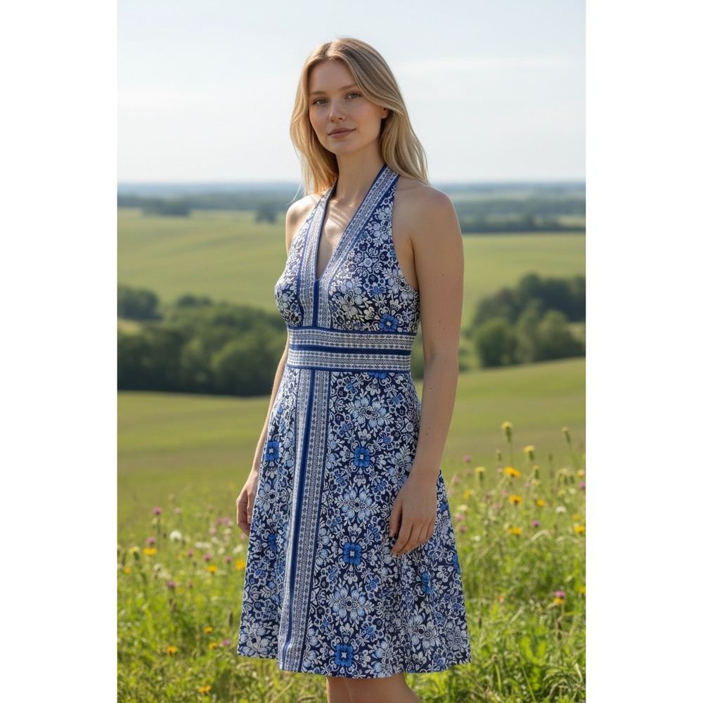 Maggy London Blue White Floral Tile Print Halter V-Neck A-Line Dress Size 8